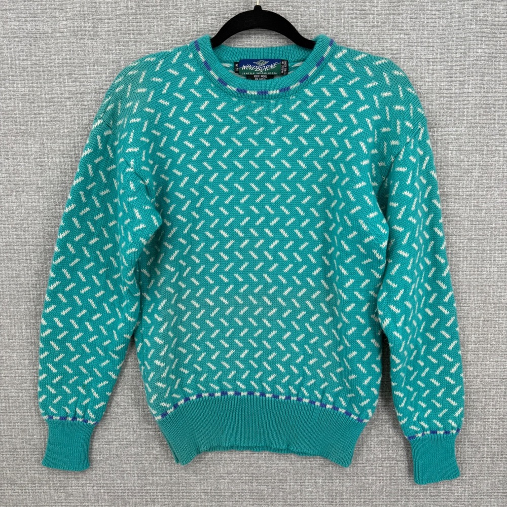 Vintage Windborne Sweater Women M Wool Teal White Geometric Knit Boho Country - Picture 1 of 10